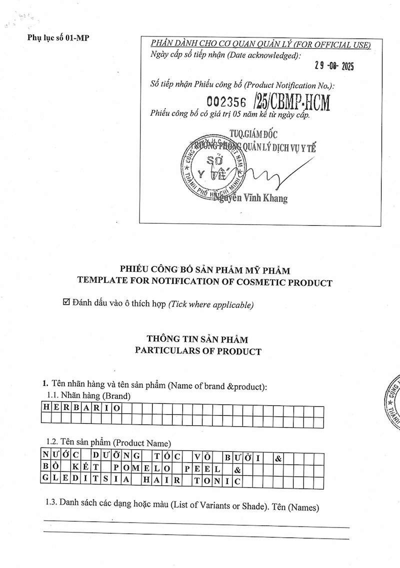 giay cong bo san pham nuoc duong toc buoi Herbario